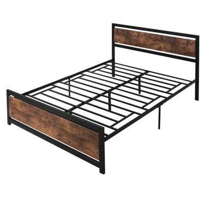 Quikfurn Queen Size Farmhouse Metal Wood Platform Bed Headboard Footboard