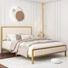 Quikfurn Queen Size Gold Metal Platform Bed Frame With Beige White Upholstered Headboard