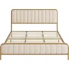 Quikfurn Queen Size Gold Metal Platform Bed Frame With Off-white Upholstered Headboard