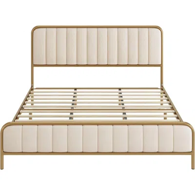 Quikfurn Queen Size Gold Metal Platform Bed Frame With Off-white Upholstered Headboard