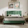 Quikfurn Queen Size Green Velvet Upholstered Platform Bed Frame With Headboard