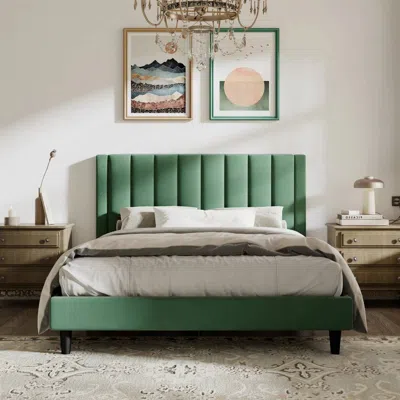 Quikfurn Queen Size Green Velvet Upholstered Platform Bed Frame With Headboard