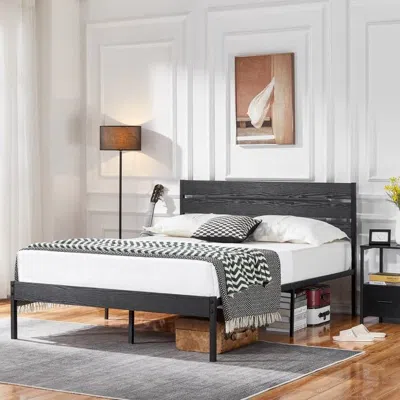 Quikfurn Queen Size Industrial Platform Bed Frame With Wood Slatted Headboard In Black