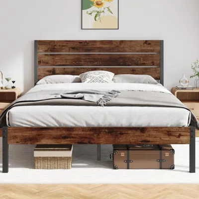 Quikfurn Queen Size Modern Farmhouse Metal Platform Bed Frame With Brown Wood Headboard