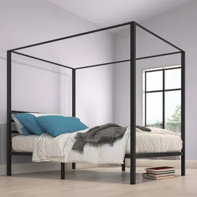 Quikfurn Queen Size Modern Four Poster Metal Canopy Bed In Black Finish