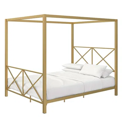 Quikfurn Queen Size Modern Gold Metal Canopy Bed Frame With Headboard And Footboard