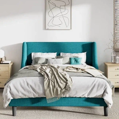 Quikfurn Queen Size Turquoise Linen Blend Upholstered Platform Bed With Wingback Headboard