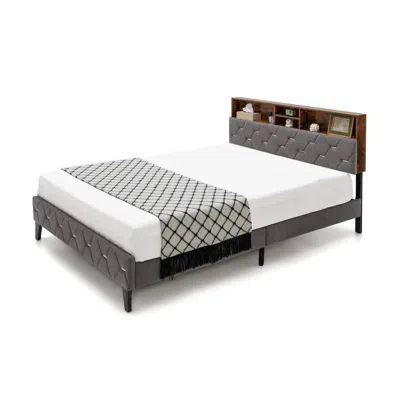 Quikfurn Queen Size Velvet Upholstered Open/close Storage Headboard Platform Bed