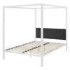 Quikfurn Queen Size White Metal Canopy Bed Frame With Grey Fabric Upholstered Headboard