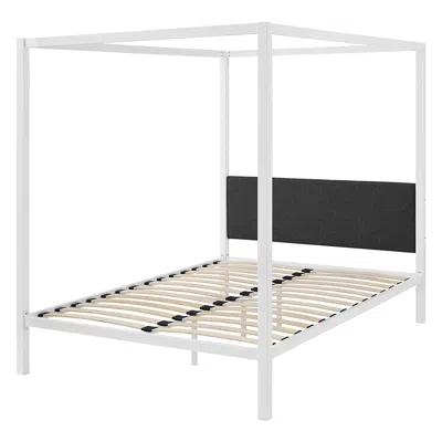 Quikfurn Queen Size White Metal Canopy Bed Frame With Grey Fabric Upholstered Headboard
