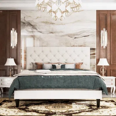 Quikfurn Queen White Faux Leather Upholstered Platform Bed With Button-tufted Headboard