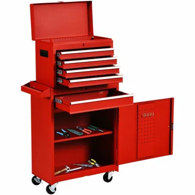 Quikfurn Red Heavy Duty Steel Lockable Rolling Tool Chest Mobile Garage Storage Cart