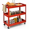 Quikfurn Red Steel Frame Kitchen Serving Utility Cart On Wheels With 2 Bottom Shelves