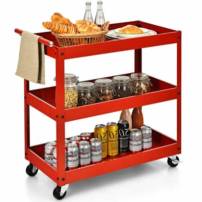 Quikfurn Red Steel Frame Kitchen Serving Utility Cart On Wheels With 2 Bottom Shelves