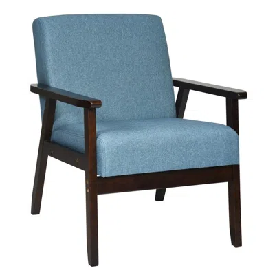 Quikfurn Retro Modern Classic Blue Linen Wide Accent Chair With Espresso Wood Frame