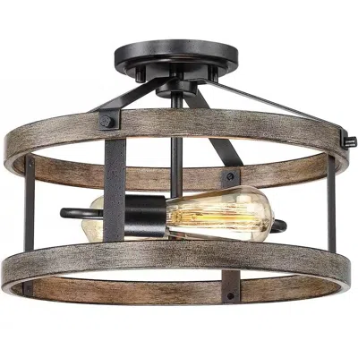 Quikfurn Round 13-inch Metal Wood Farmhouse 2-light Ceiling Lamp - Semi-flush Mount In Blue