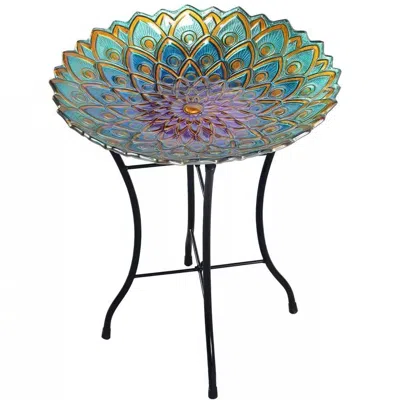 Quikfurn Round 18-inch Peacock Style Glass Mosaic Flower Birdbath With Metal Stand