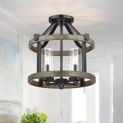Quikfurn Round 4-light 12.5-inch Metal Wood Farmhouse Ceiling Lamp - Semi-flush Mount In Neutral