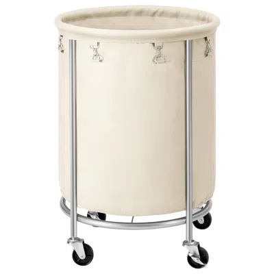 Quikfurn Round 45-gallon Laundry Basket Hamper W/ Cream Fabric Bag Steel Frame On Wheels