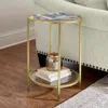 Quikfurn Round Accent Side Table Gold Metal Glass Top Bottom Shelf End Table