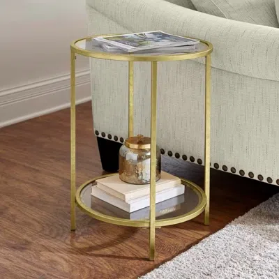 Quikfurn Round Accent Side Table Gold Metal Glass Top Bottom Shelf End Table