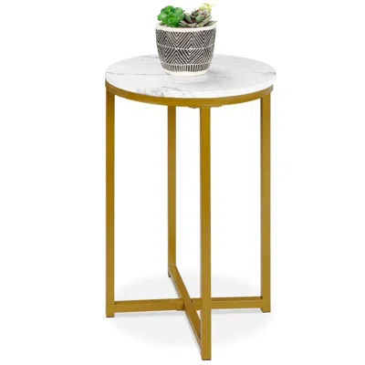 Quikfurn Round Cross Leg Design Coffee Side Table Nightstand With Faux Marble Top White/gold