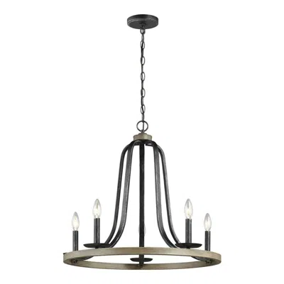 Quikfurn Rustic 5 Light Dimmable Farm Home Circle Metal Chandelier Oak Finish In Blue