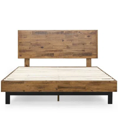Quikfurn Rustic Farmhome Low Profile Pine Slatted Platform Bed In King