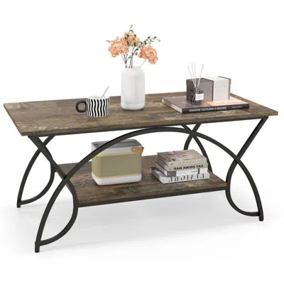 Quikfurn Rustic Farmhouse 2 Tier Brown Wood Coffee Table With Curved Metal Legs