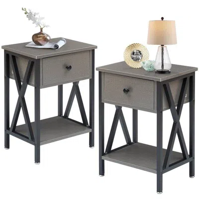 Quikfurn Set Of 2 - 1 Drawer Nightstand In Grey And Black Wood Finish