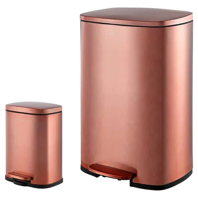 Quikfurn Set Of 2 - Copper Gold Step-on Trash Can - 13-gallon And 1.3-gallon