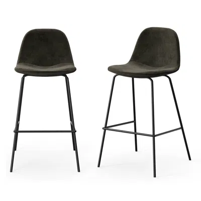 Quikfurn Set Of 2 - Modern Counter Height Barstool With Low Back Dark Grey Fabric Seat In Brown