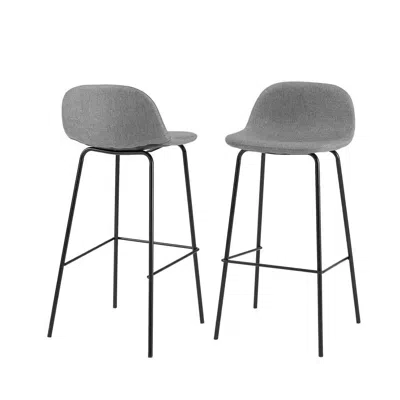 Quikfurn Set Of 2 - Modern Low Back Barstool With Black Metal Frame And Grey Linen Seat In Gray