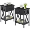Quikfurn Set Of 2 - Rustic 1 Drawer Black Nightstand With X-shaped Sides