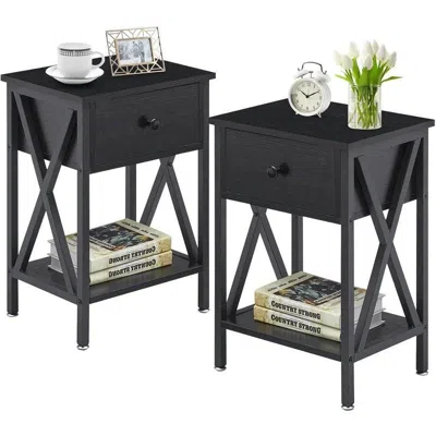 Quikfurn Set Of 2 - Rustic 1 Drawer Black Nightstand With X-shaped Sides
