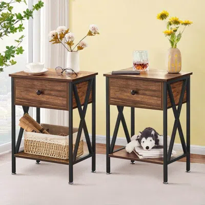 Quikfurn Set Of 2 - Rustic 1 Drawer Nightstand In Brown And Black Wood Finish