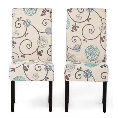Quikfurn Set Of 2 Beige Cream Teal Blue Floral Fabric Dining Chair With Wood Legs In Neutral