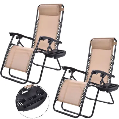 Quikfurn Set Of 2 Beige Folding Outdoor Zero Gravity Lounge Chair Recliner