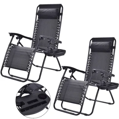 Quikfurn Set Of 2 Black Folding Outdoor Zero Gravity Lounge Chair Recliner