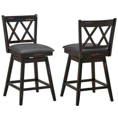 Quikfurn Set Of 2 Black Wood 24-in Counter Height Farmhouse Swivel Cushion Seat Barstools