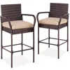 Quikfurn Set Of 2 Brown Indoor/outdoor Wicker Bar Stools W/ 2 Tan Cushions