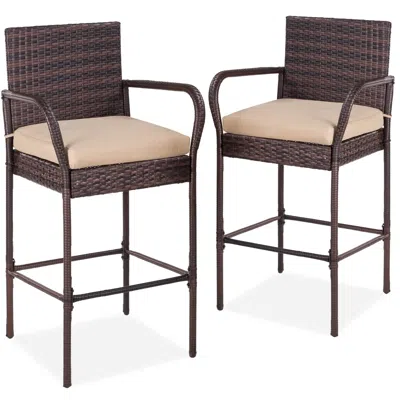 Quikfurn Set Of 2 Brown Indoor/outdoor Wicker Bar Stools W/ 2 Tan Cushions