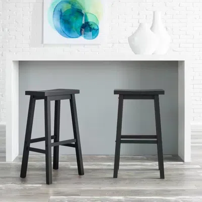 Quikfurn Set Of 2 Farmhouse Bar Height Saddle Seat Barstool In Charcoal Black Wood Finish