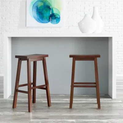 Quikfurn Set Of 2 Farmhouse Bar Height Saddle Seat Barstools In Brown Walnut Wood Finish