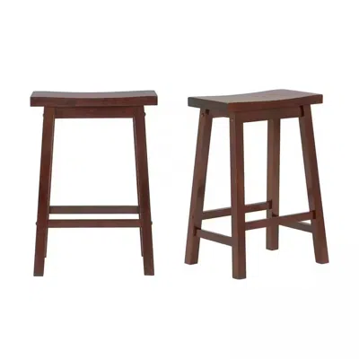 Quikfurn Set Of 2 Farmhouse Counter Height Saddle Bar Stools In Brown Walnut Wood Finish