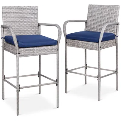 Quikfurn Set Of 2 Grey Indoor/outdoor Wicker Bar Stools W/ 2 Blue Cushions