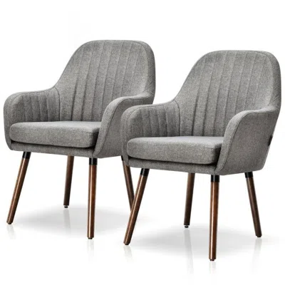 Quikfurn Set Of 2 Retro Grey Linen Upholstered Accent Chair With Stylish Wood Legs