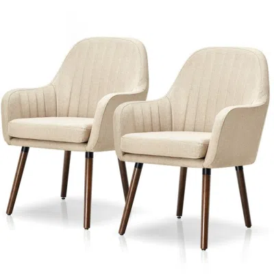 Quikfurn Set Of 2 Retro Off-white Linen Upholstered Accent Chair With Stylish Wood Legs
