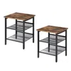 Quikfurn Set Of 2 Side Table Nightstand With Medium Wood Finish Top And Mesh Shelves
