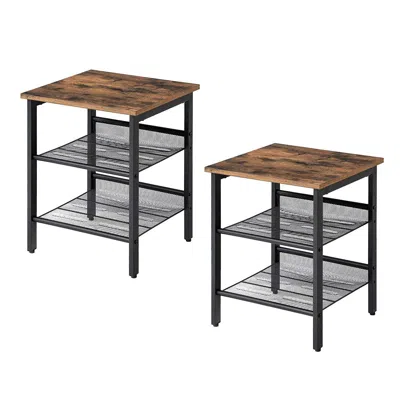 Quikfurn Set Of 2 Side Table Nightstand With Medium Wood Finish Top And Mesh Shelves